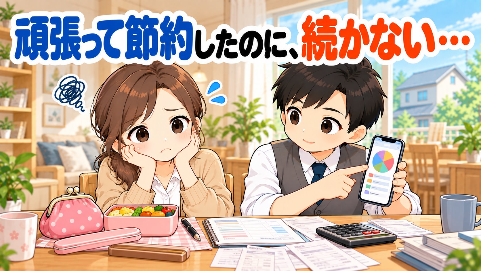 節約が続かず財布を見て疲れるひなたと、家計アプリを見せるともやんのイラスト