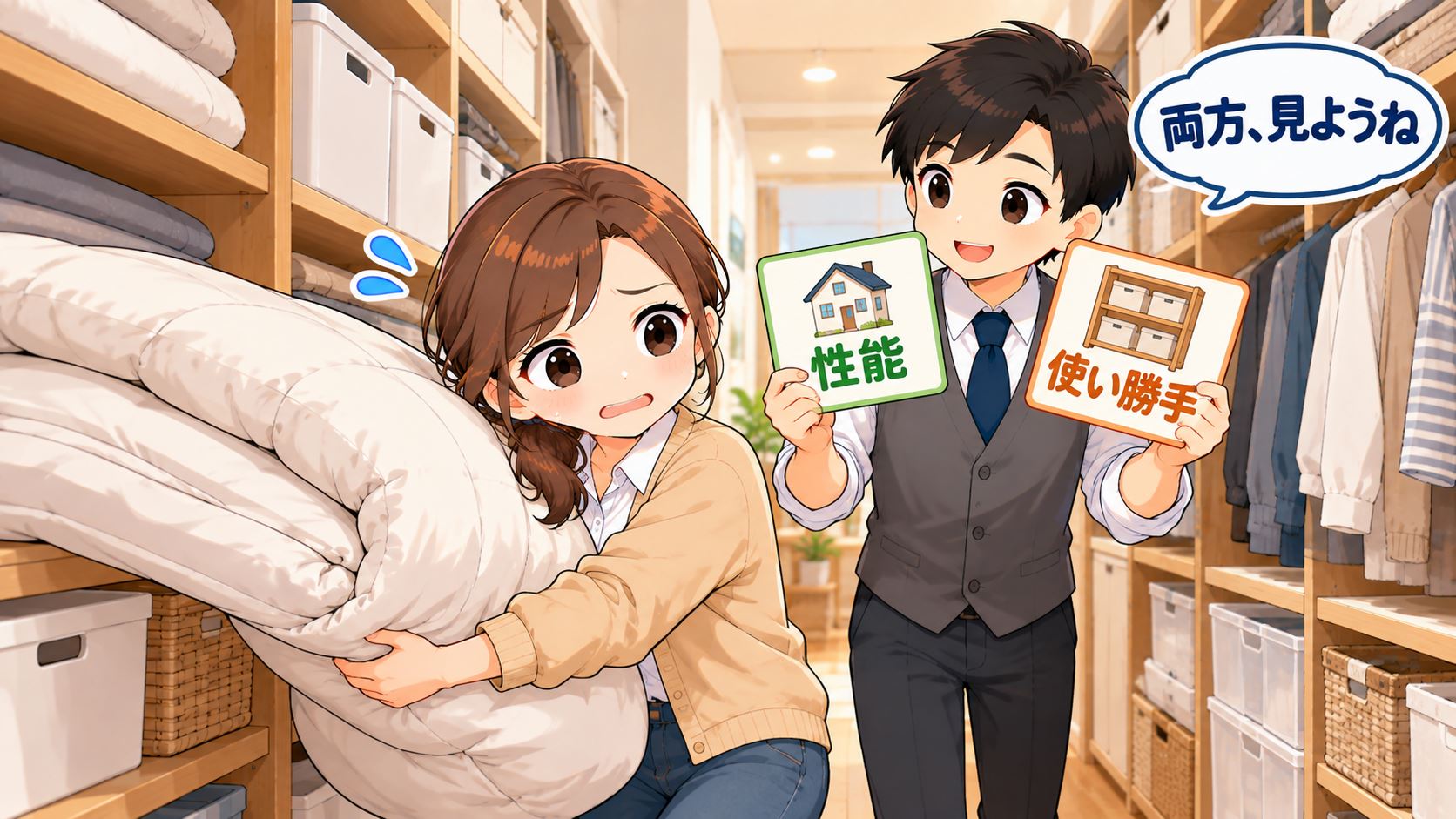 布団を抱えて狭いクローゼットで困るひなたに、性能と使い勝手の両方を見ようと伝えるともやんのイラスト