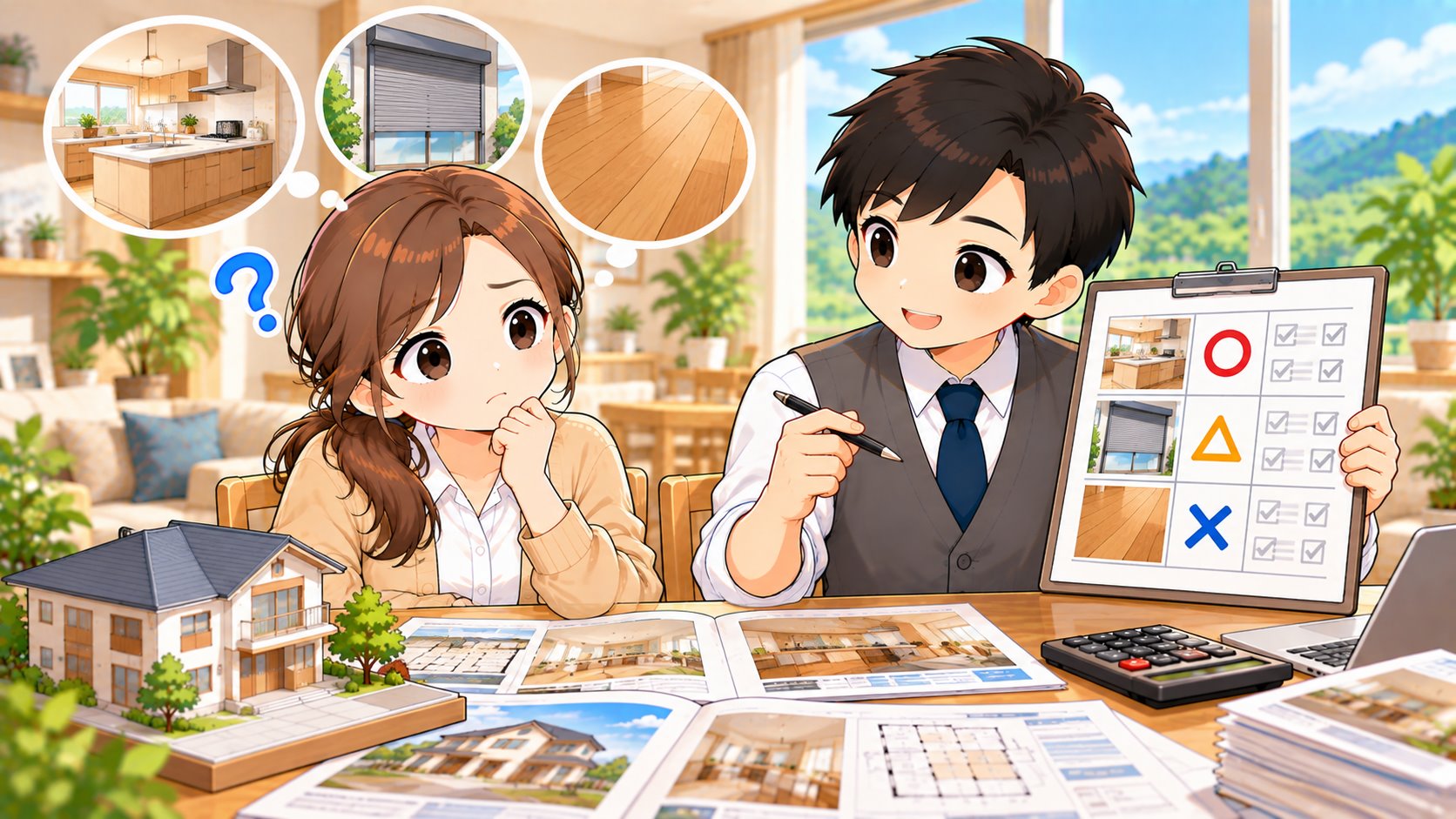 グレードアップの項目に、丸や三角、バツの印をつけて説明するともやんと、迷うひなたのイラスト