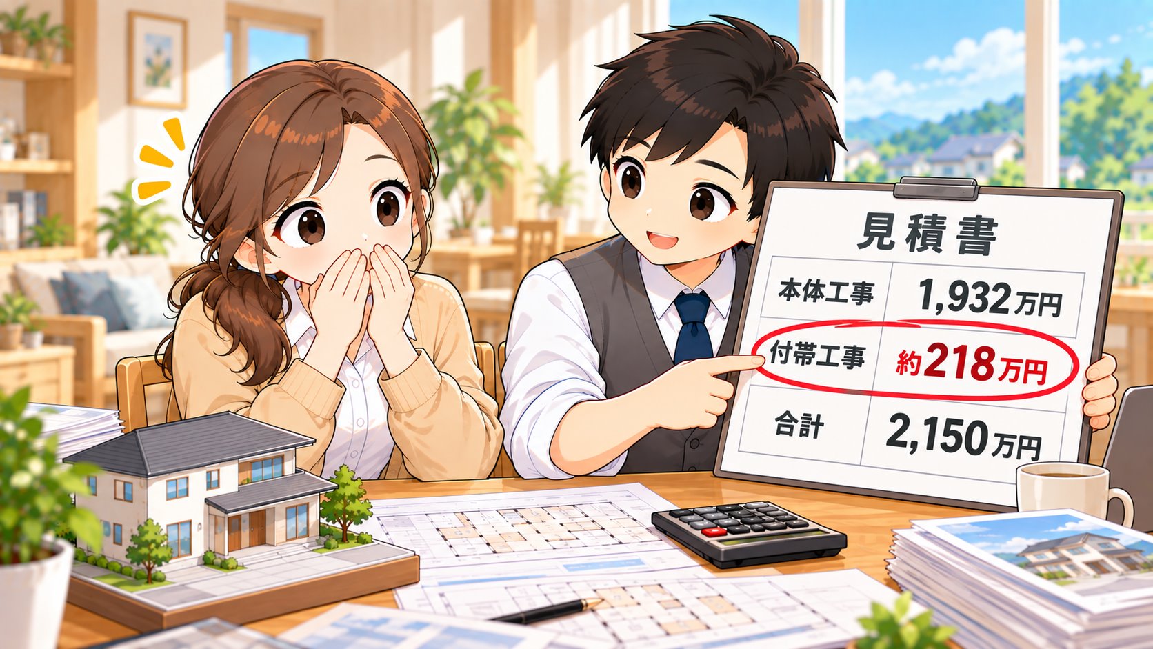 付帯工事の行を赤い丸で囲んだ見積書に驚くひなたと、説明するともやんのイラスト