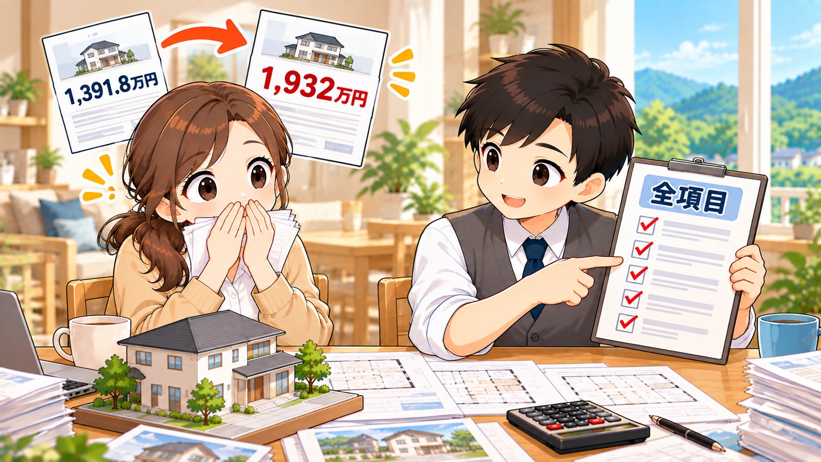 1,391.8万円から1,932万円に増えた見積書に驚くひなたと、全項目のチェックリストを見せるともやんのイラスト