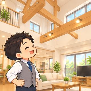 1階のリビングの梁あらわし(天井を約15cm高く)